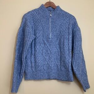 Broadway 38 | Blue Peppered Cable Knit Balloon Sleeve 1/4 Zip Pullover Sweater S